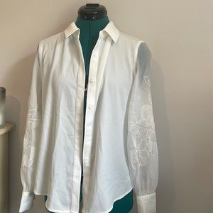 white, sheer sleeved button up
